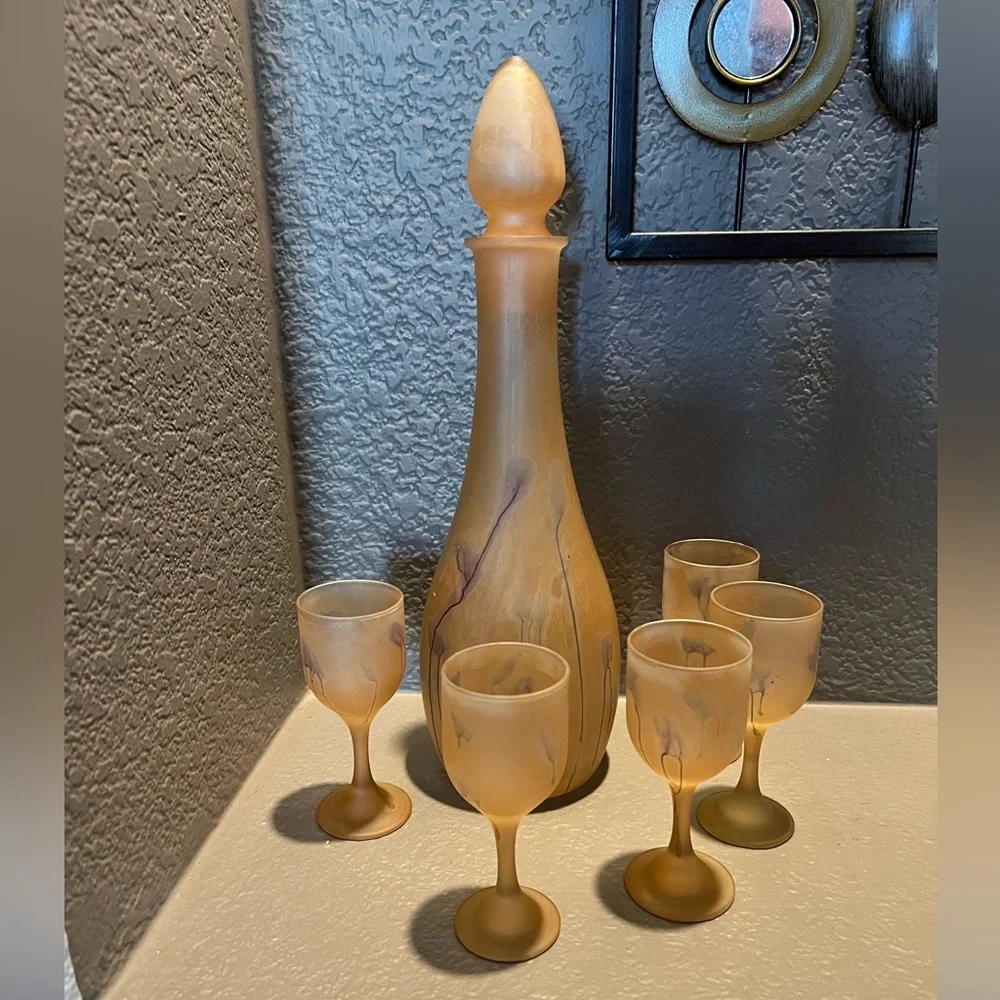 Vintage 7 Pc Rueven Nouveau Art Glass Frosted Wine Water Decanter & glasses - Picture 1 of 8